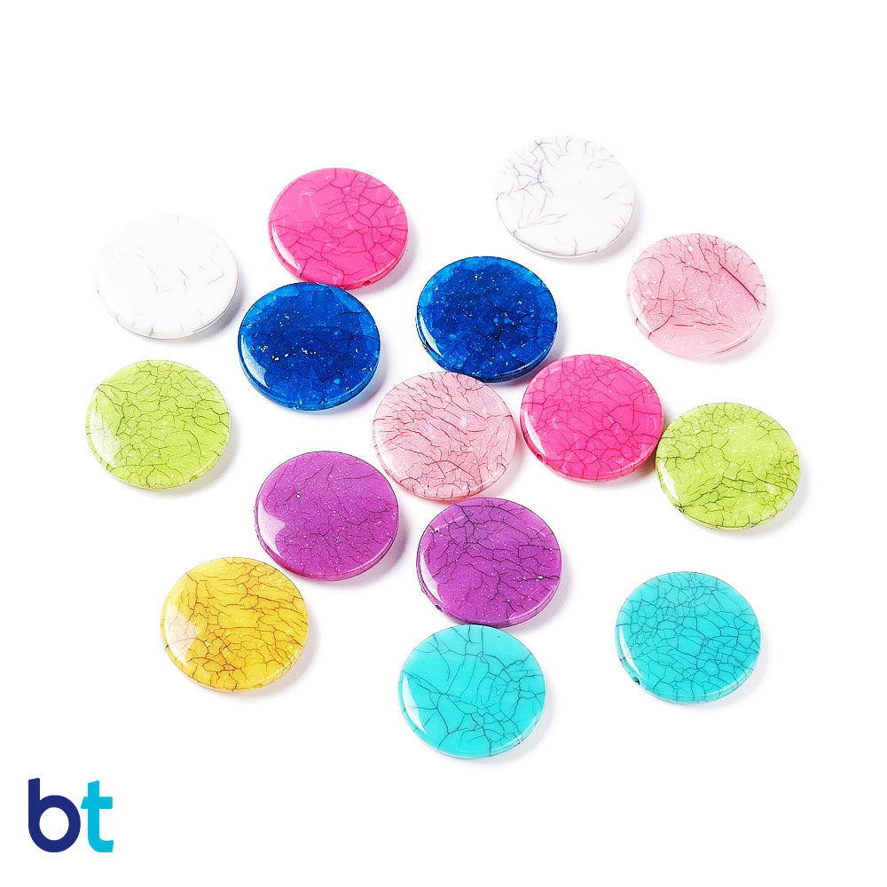 Mixed Opaque 25mm Flat Round Plastic Beads - Crackle Effect (25pcs)