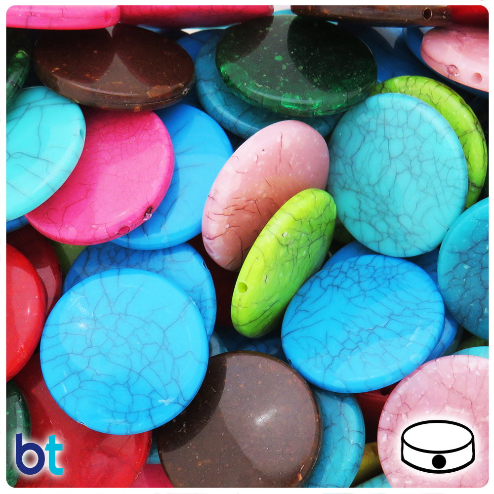 Mixed Opaque 25mm Flat Round Plastic Beads - Crackle Effect (25pcs)