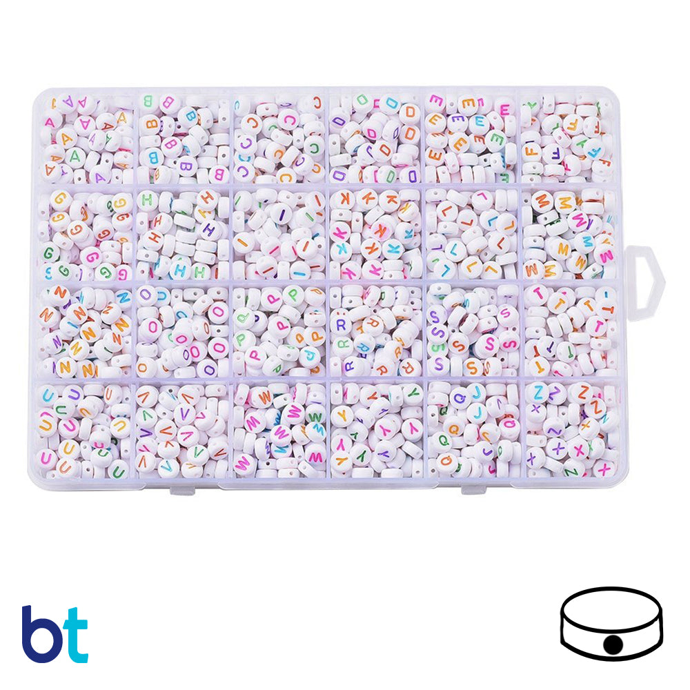 White Opaque 7mm Coin Alpha Beads - Colored Letters (Box Set)