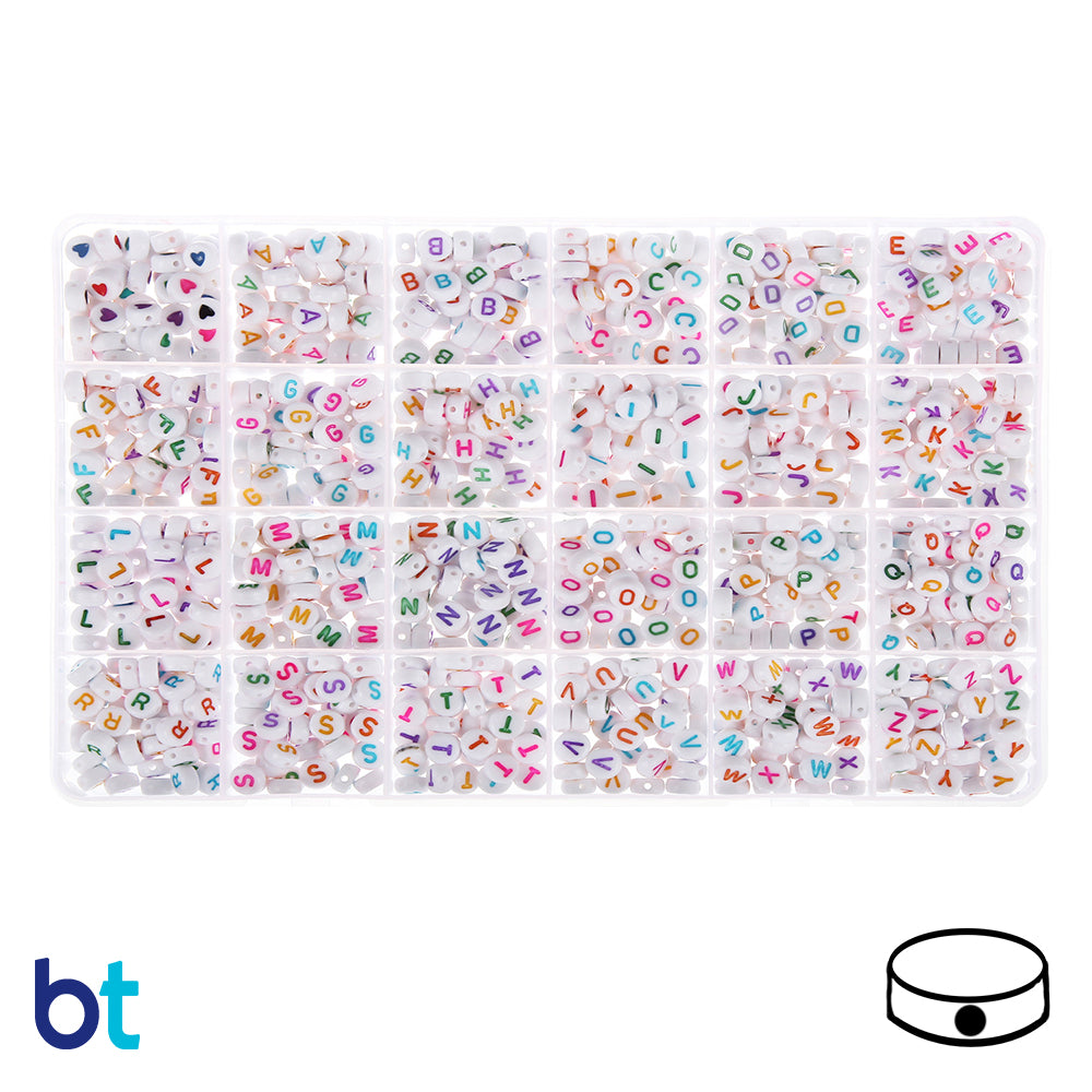 White Opaque 7mm Coin Alpha Beads - Colored Letters/Hearts (Box Set)