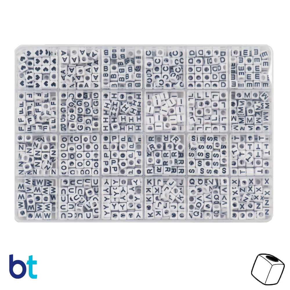 White Opaque 6mm Cube Alpha Beads - Black Letters (Box Set)