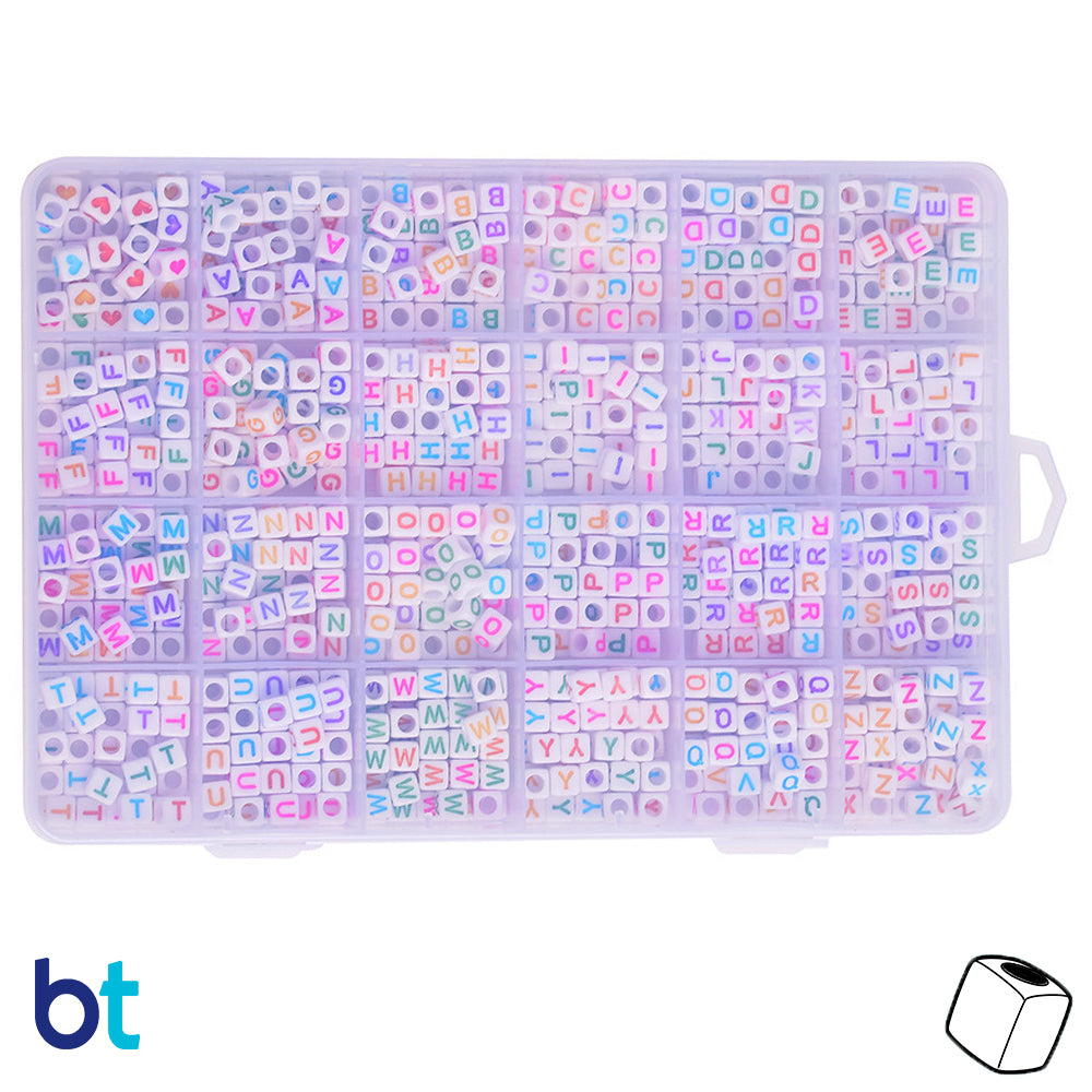 White Opaque 6mm Cube Alpha Beads - Colored Letters (Box Set)