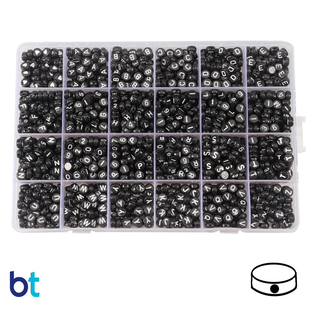Black Opaque 7mm Coin Alpha Beads - White Letters (Box Set)
