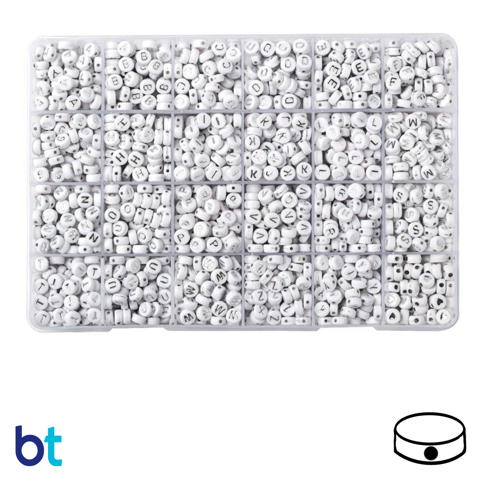 White Opaque 7mm Coin Alpha Beads - Silver Letters (Box Set)