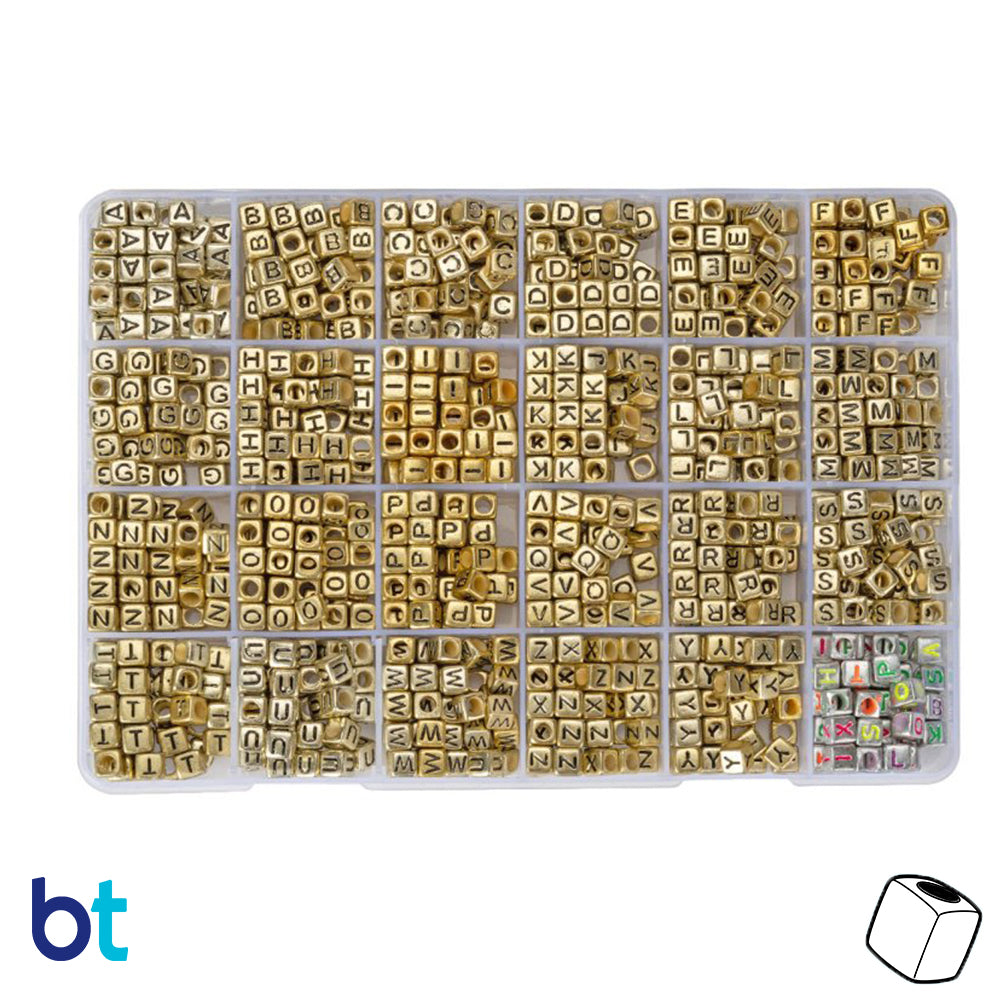 Gold Metallic 6mm Cube Alpha Beads - Black Letters (Box Set)