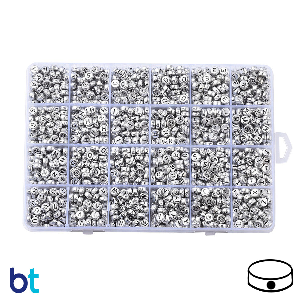 Silver Metallic 7mm Coin Alpha Beads - Black Letters (Box Set)