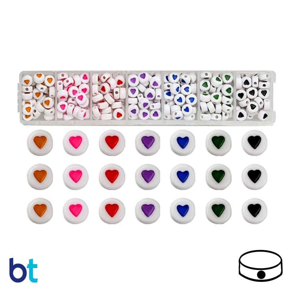 White Opaque 7mm Coin Alpha Beads - Colored Hearts (Box/7 Colors)
