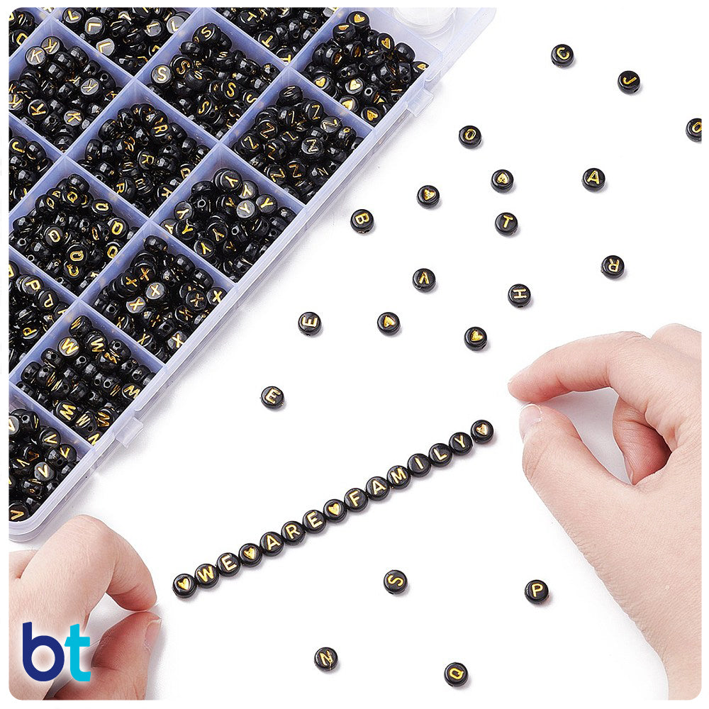 Black Opaque 7mm Coin Alpha Beads - Gold Letters/Hearts (Box Set)