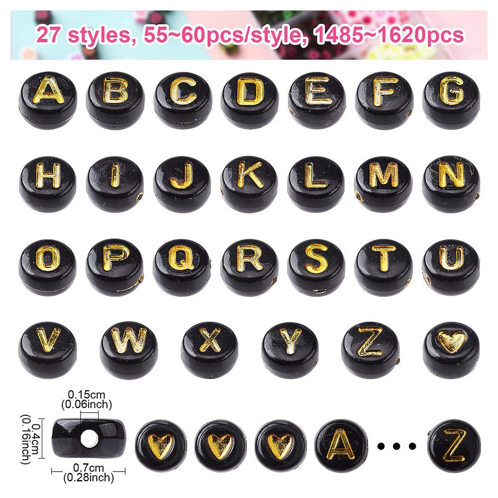 Black Opaque 7mm Coin Alpha Beads - Gold Letters/Hearts (Box Set)