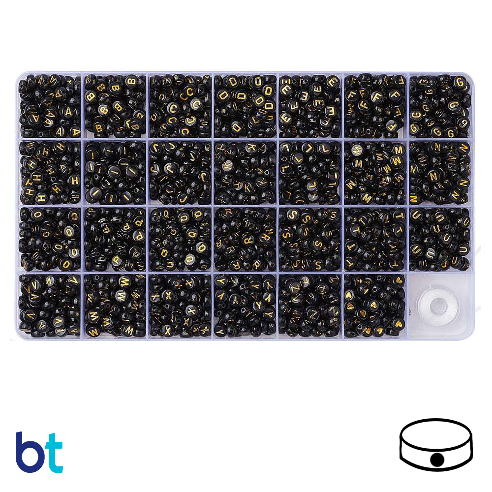 Black Opaque 7mm Coin Alpha Beads - Gold Letters/Hearts (Box Set)