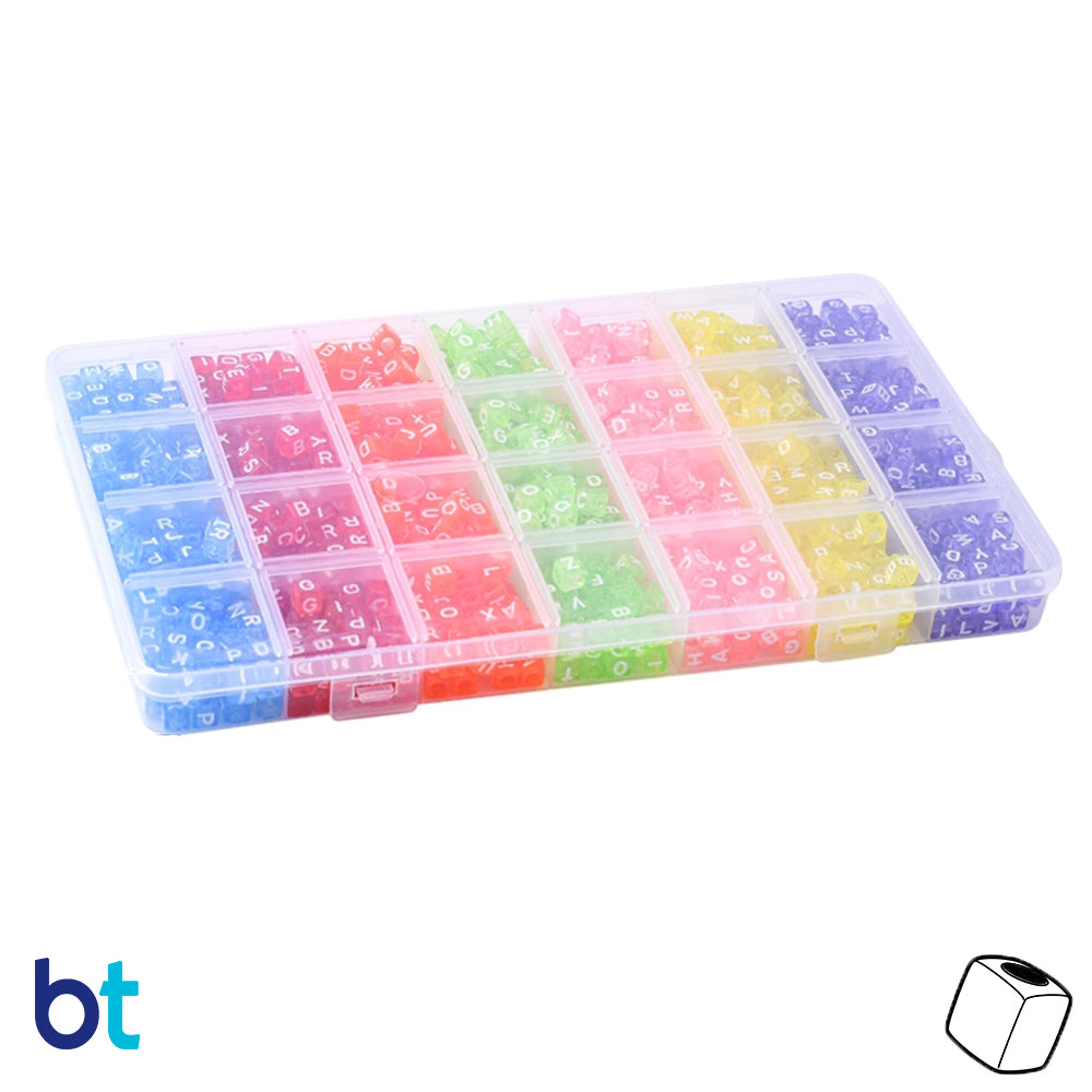 Mixed Transparent 6mm Cube Alpha Beads - White Letters (Box Set)
