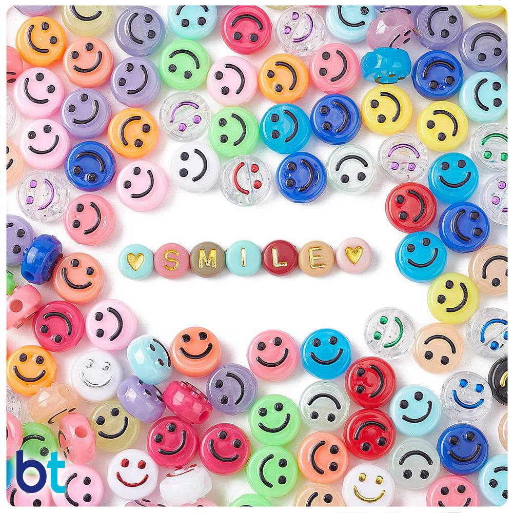 Assorted 10mm Coin Plastic Alpha Beads - Smiley Faces (Box/24 Styles)