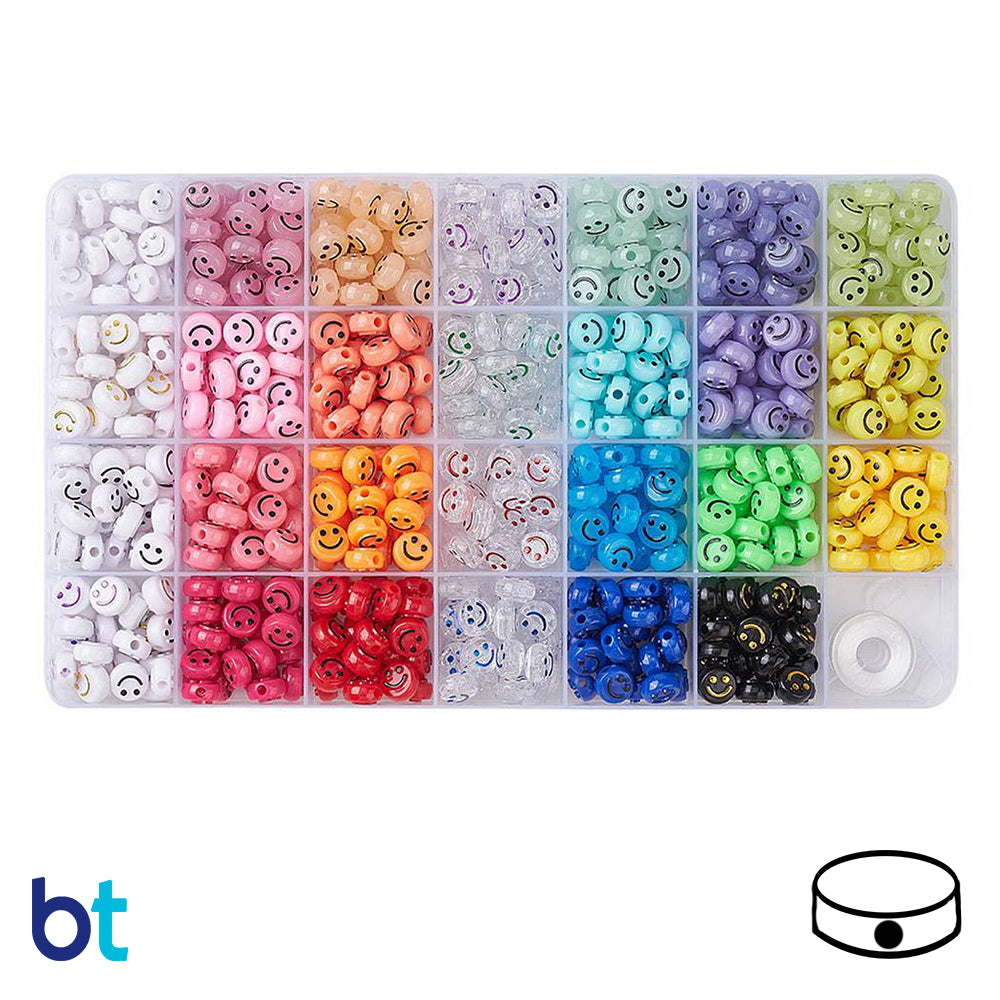 Assorted 10mm Coin Plastic Alpha Beads - Smiley Faces (Box/24 Styles)