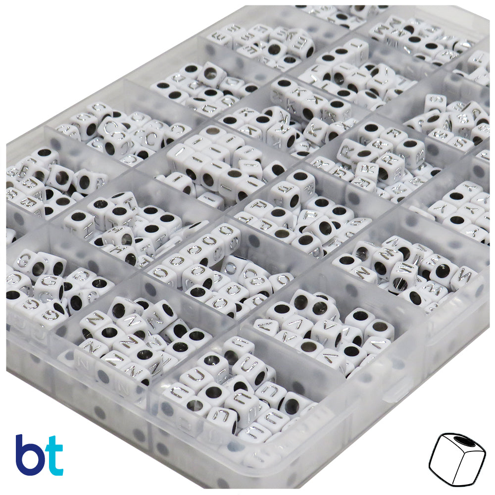 White Opaque 6mm Cube Alpha Beads - Silver Letters (Box Set)