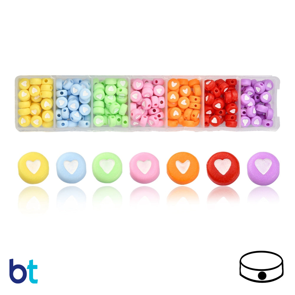 Mixed Opaque 7mm Coin Alpha Beads - White Hearts (Box/7 Colors)
