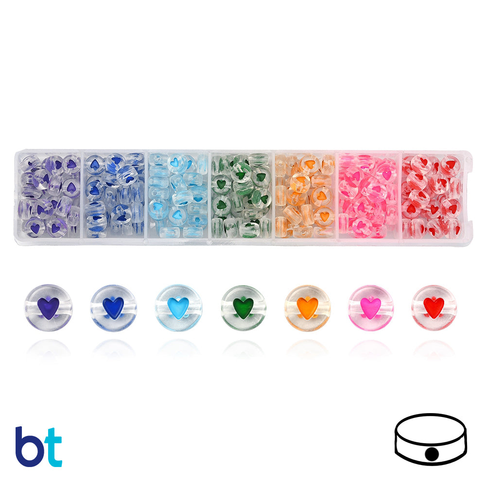 Clear Transparent 7mm Coin Alpha Beads - Colored Hearts (Box/7 Colors)