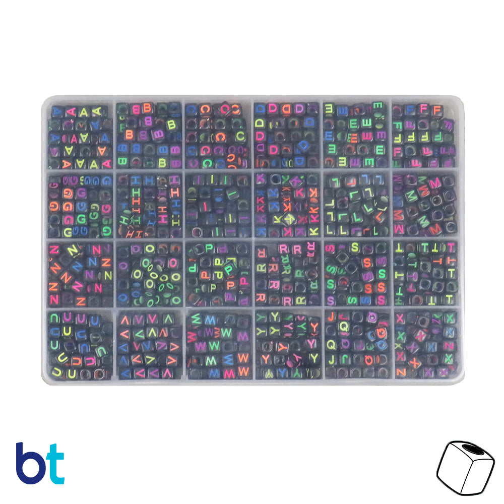 Black Opaque 6mm Cube Alpha Beads - Colored Letters (Box Set)