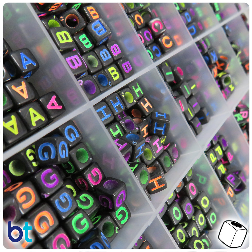 Black Opaque 6mm Cube Alpha Beads - Colored Letters (Box Set)