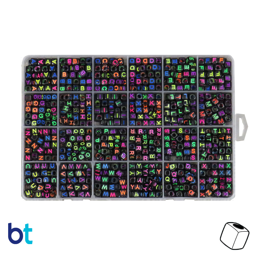 Black Opaque 6mm Cube Alpha Beads - Colored Letters (Box Set)