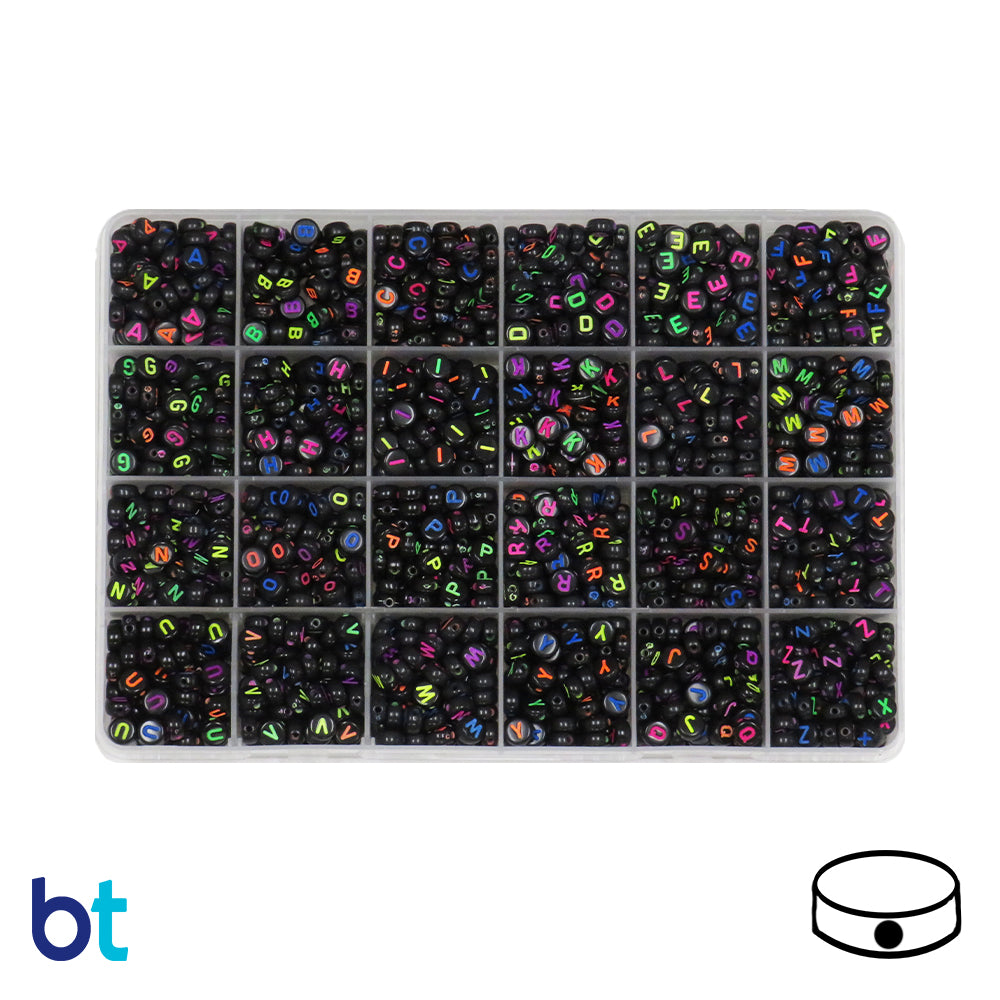 Black Opaque 7mm Coin Alpha Beads - Colored Letters (Box Set)