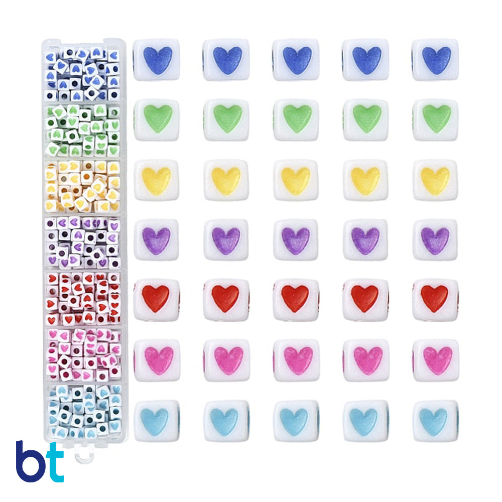 White Opaque 4.5mm Cube Alpha Beads - Colored Hearts (Box/7 Colors)