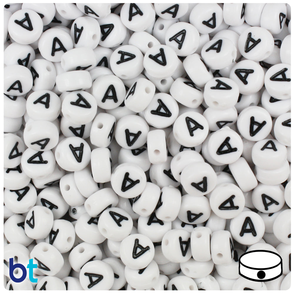 Bulk Buy - White Opaque 7mm Coin Plastic Alpha Beads - Black Letters