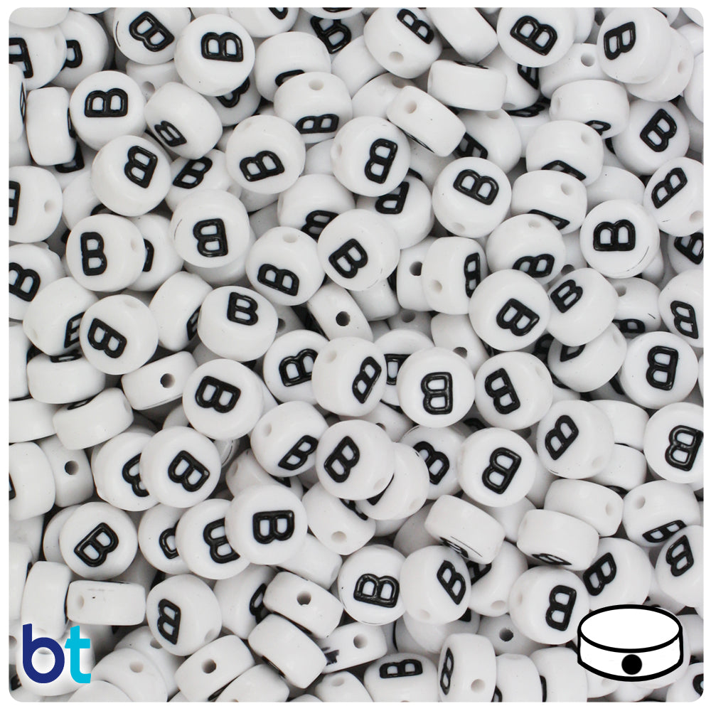 Bulk Buy - White Opaque 7mm Coin Plastic Alpha Beads - Black Letters