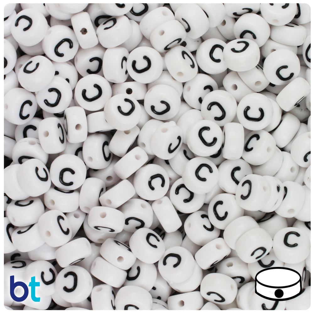 Bulk Buy - White Opaque 7mm Coin Plastic Alpha Beads - Black Letters