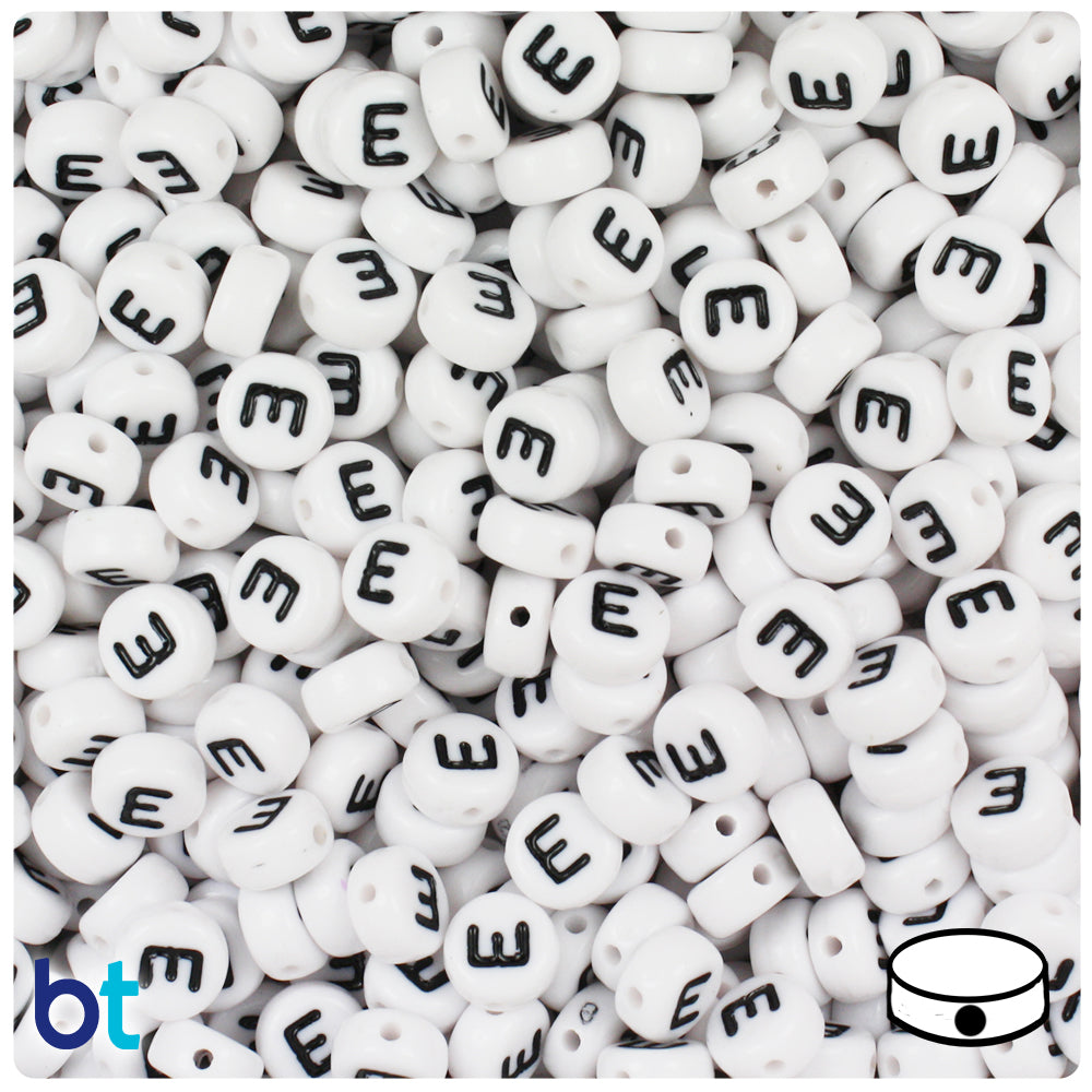 Bulk Buy - White Opaque 7mm Coin Plastic Alpha Beads - Black Letters