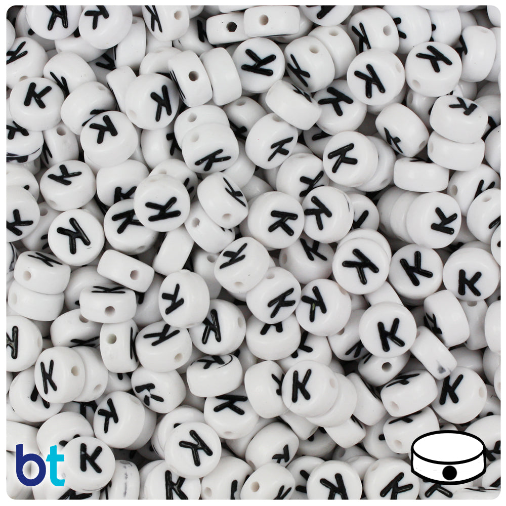 Bulk Buy - White Opaque 7mm Coin Plastic Alpha Beads - Black Letters
