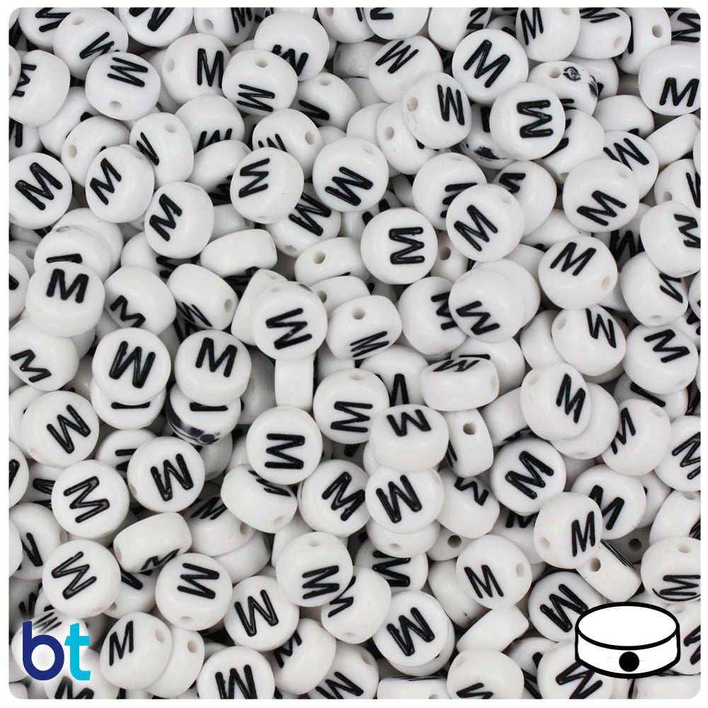 Bulk Buy - White Opaque 7mm Coin Plastic Alpha Beads - Black Letters
