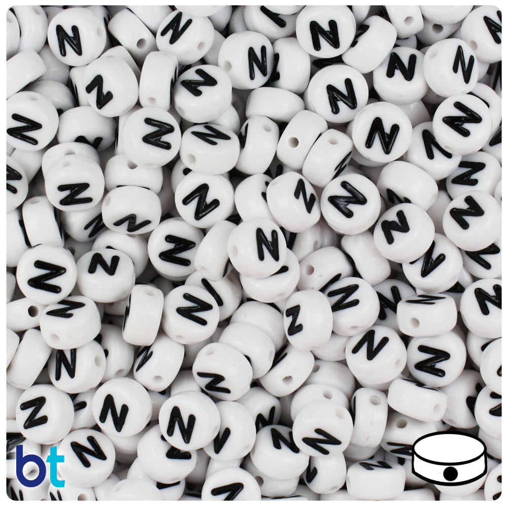 Bulk Buy - White Opaque 7mm Coin Plastic Alpha Beads - Black Letters