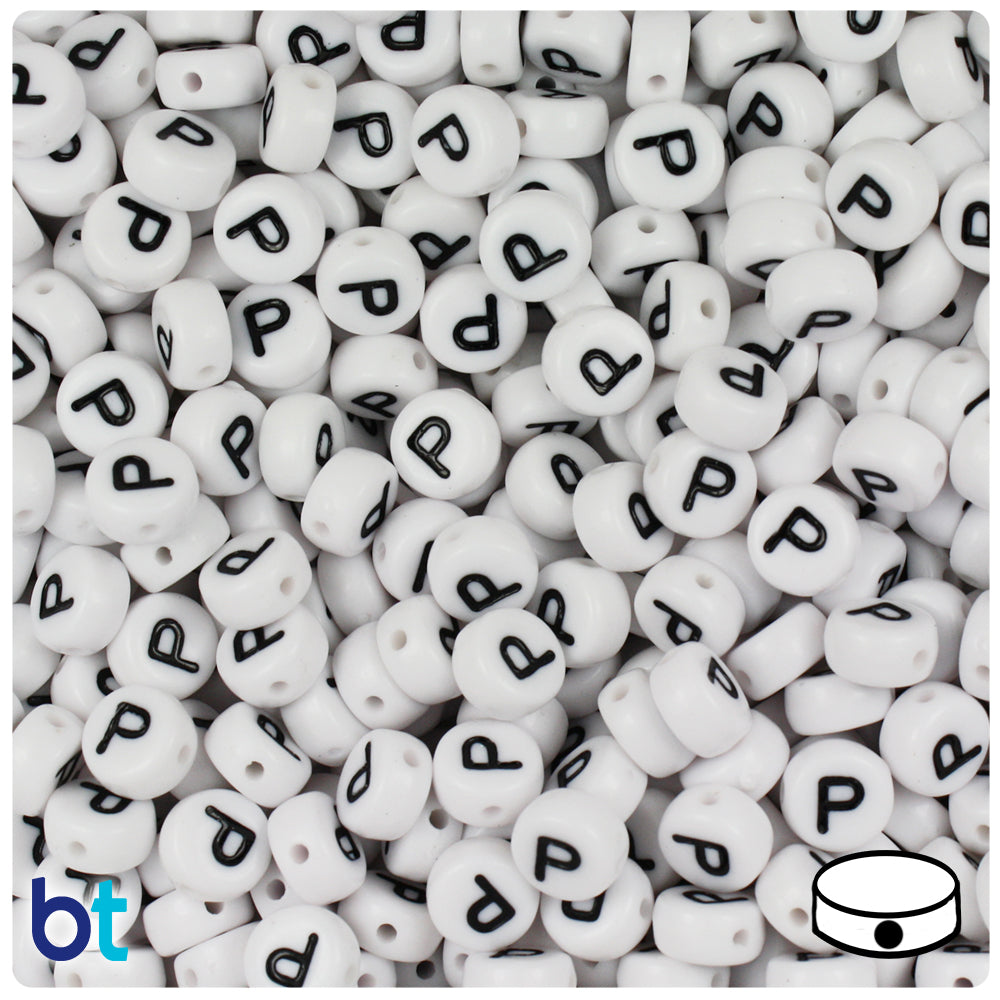 Bulk Buy - White Opaque 7mm Coin Plastic Alpha Beads - Black Letters