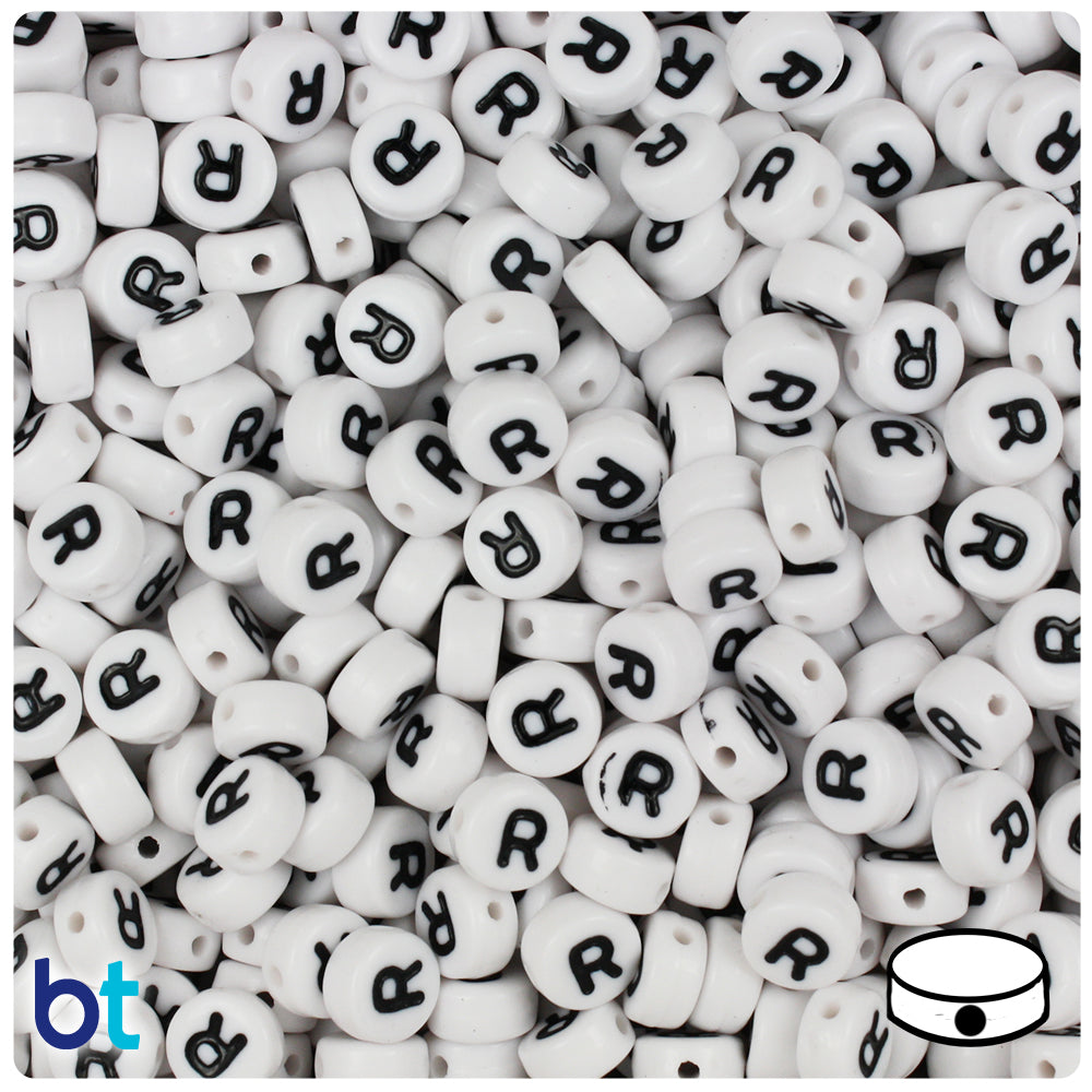 Bulk Buy - White Opaque 7mm Coin Plastic Alpha Beads - Black Letters