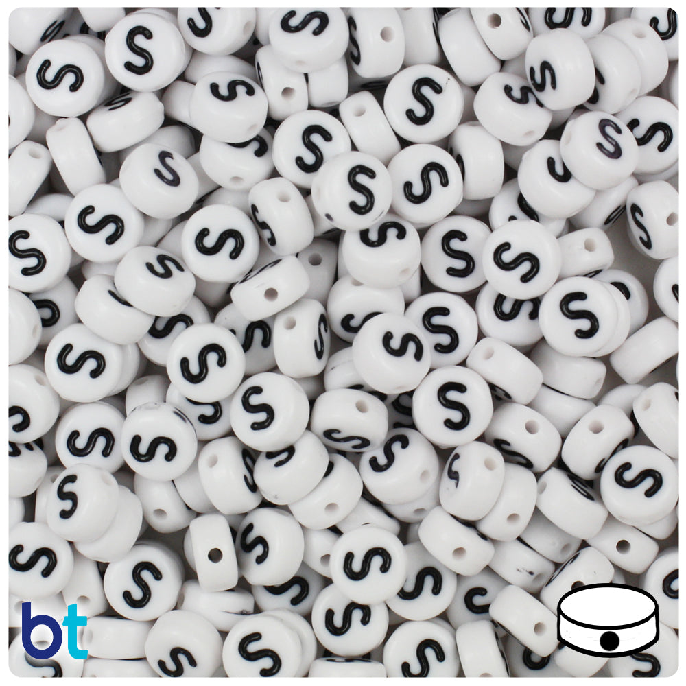 Bulk Buy - White Opaque 7mm Coin Plastic Alpha Beads - Black Letters