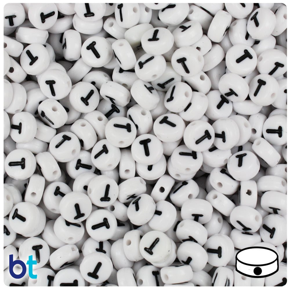 Bulk Buy - White Opaque 7mm Coin Plastic Alpha Beads - Black Letters