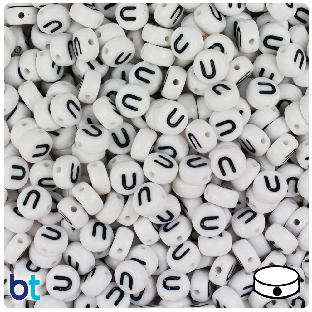 Bulk Buy - White Opaque 7mm Coin Plastic Alpha Beads - Black Letters