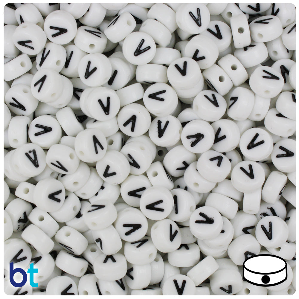 Bulk Buy - White Opaque 7mm Coin Plastic Alpha Beads - Black Letters