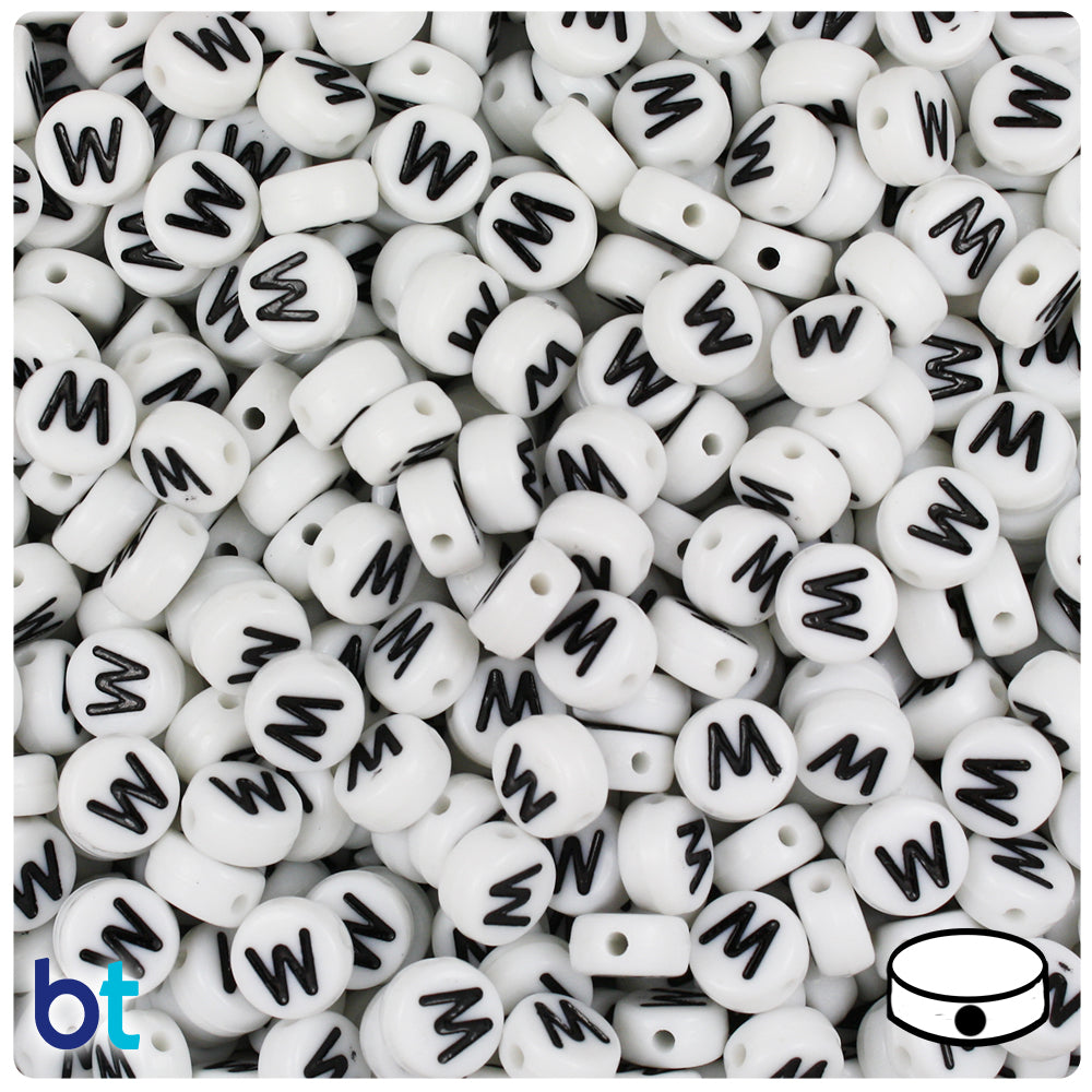 Bulk Buy - White Opaque 7mm Coin Plastic Alpha Beads - Black Letters