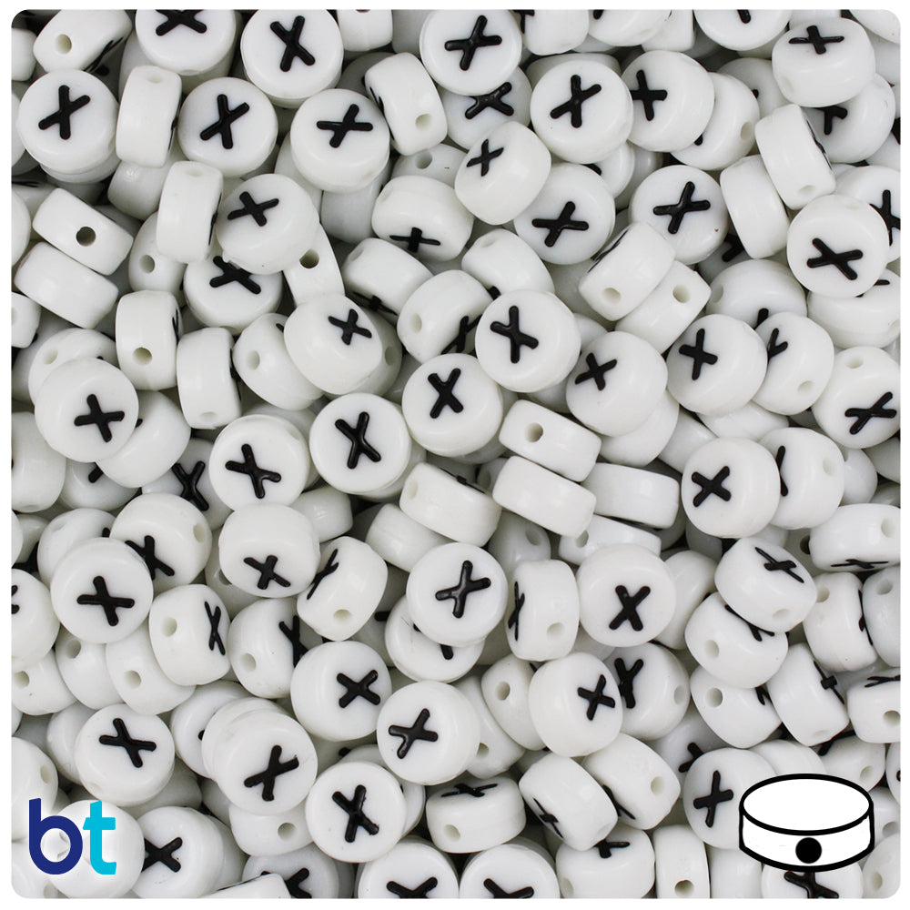 Bulk Buy - White Opaque 7mm Coin Plastic Alpha Beads - Black Letters