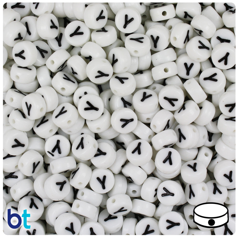 Bulk Buy - White Opaque 7mm Coin Plastic Alpha Beads - Black Letters