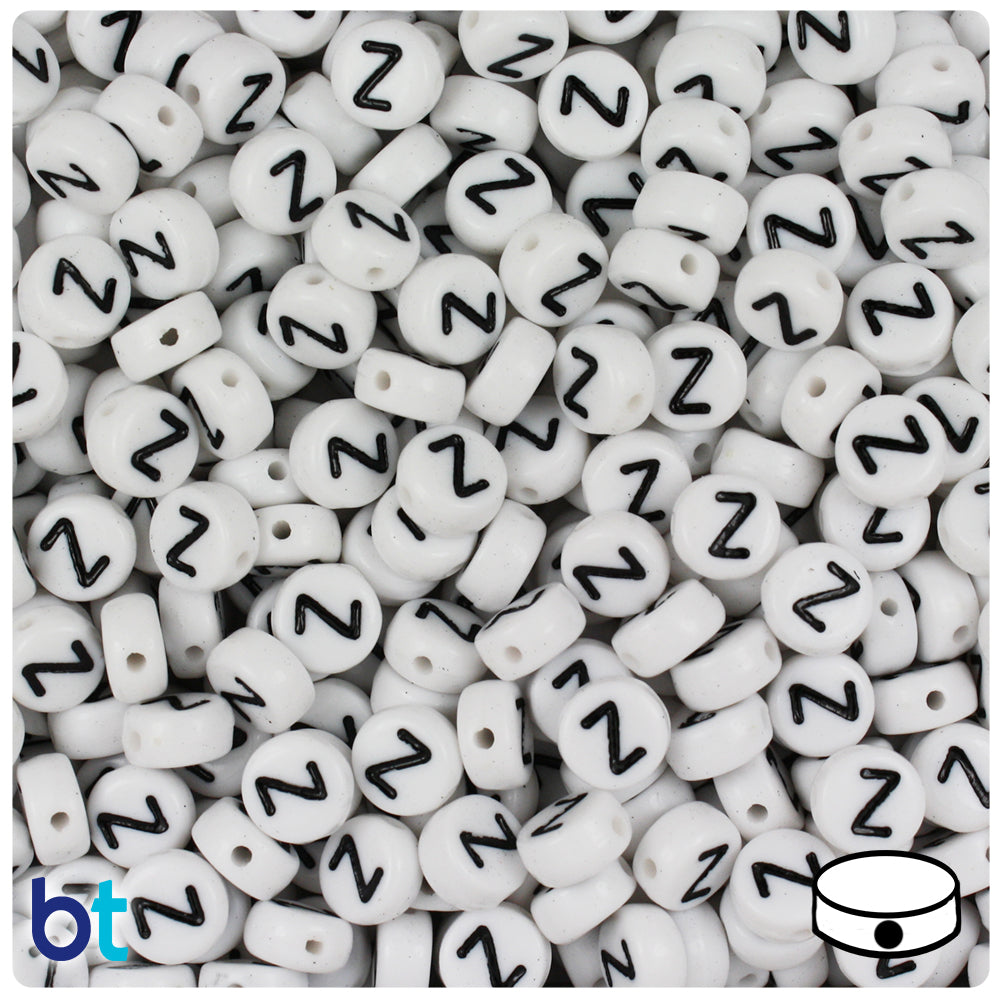 Bulk Buy - White Opaque 7mm Coin Plastic Alpha Beads - Black Letters