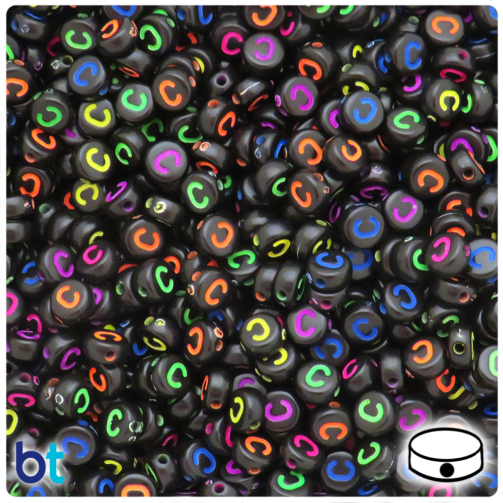 Black Opaque 7mm Coin Alpha Beads - Colored Letter C (100pcs)