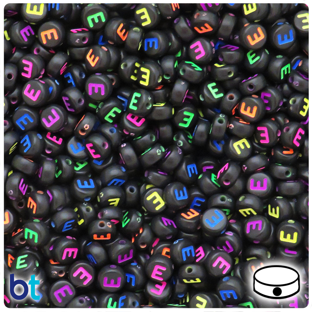 Black Opaque 7mm Coin Alpha Beads - Colored Letter E (100pcs)