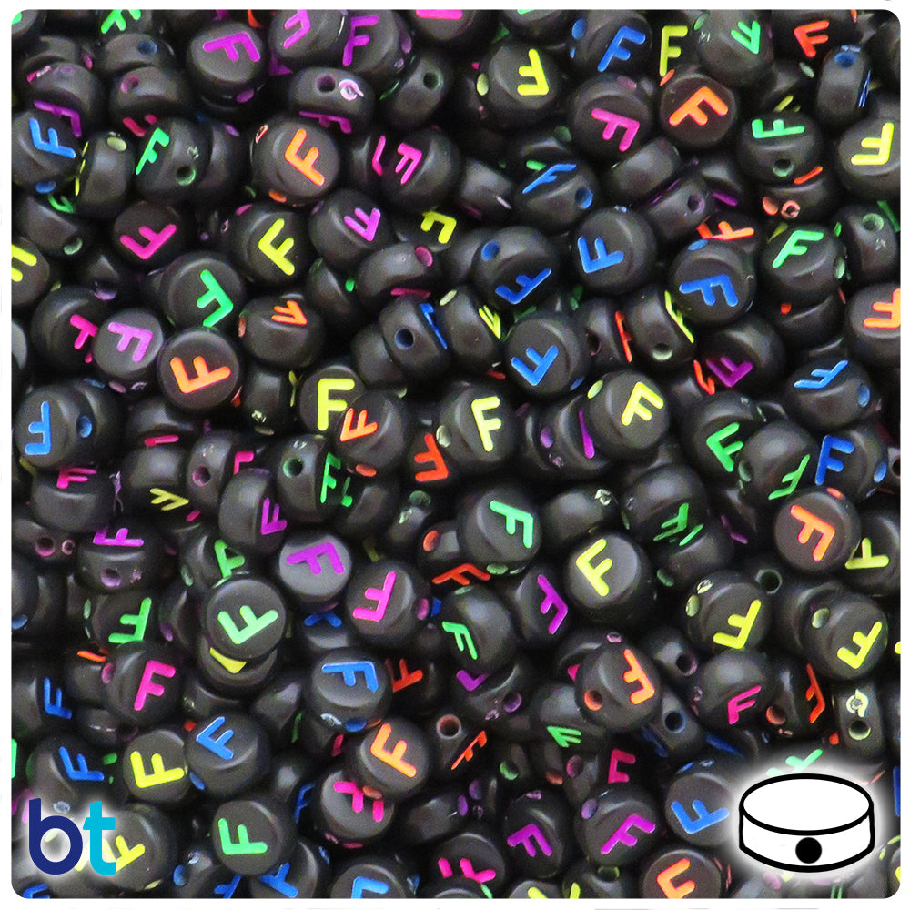 Black Opaque 7mm Coin Alpha Beads - Colored Letter F (100pcs)