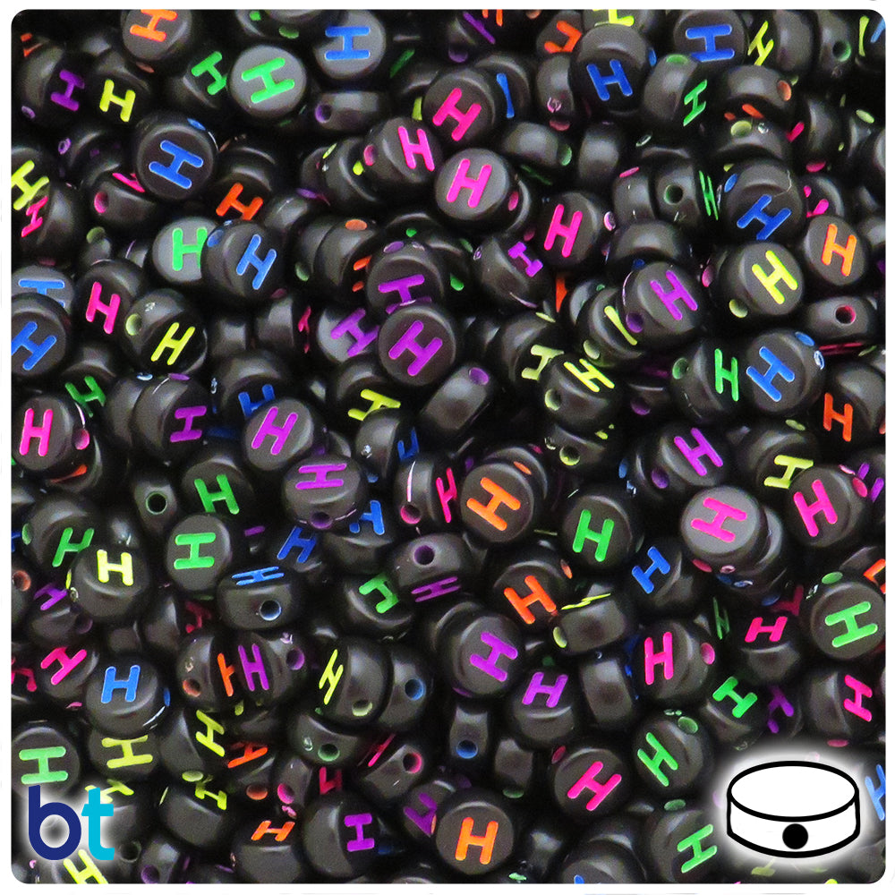 Black Opaque 7mm Coin Alpha Beads - Colored Letter H (100pcs)