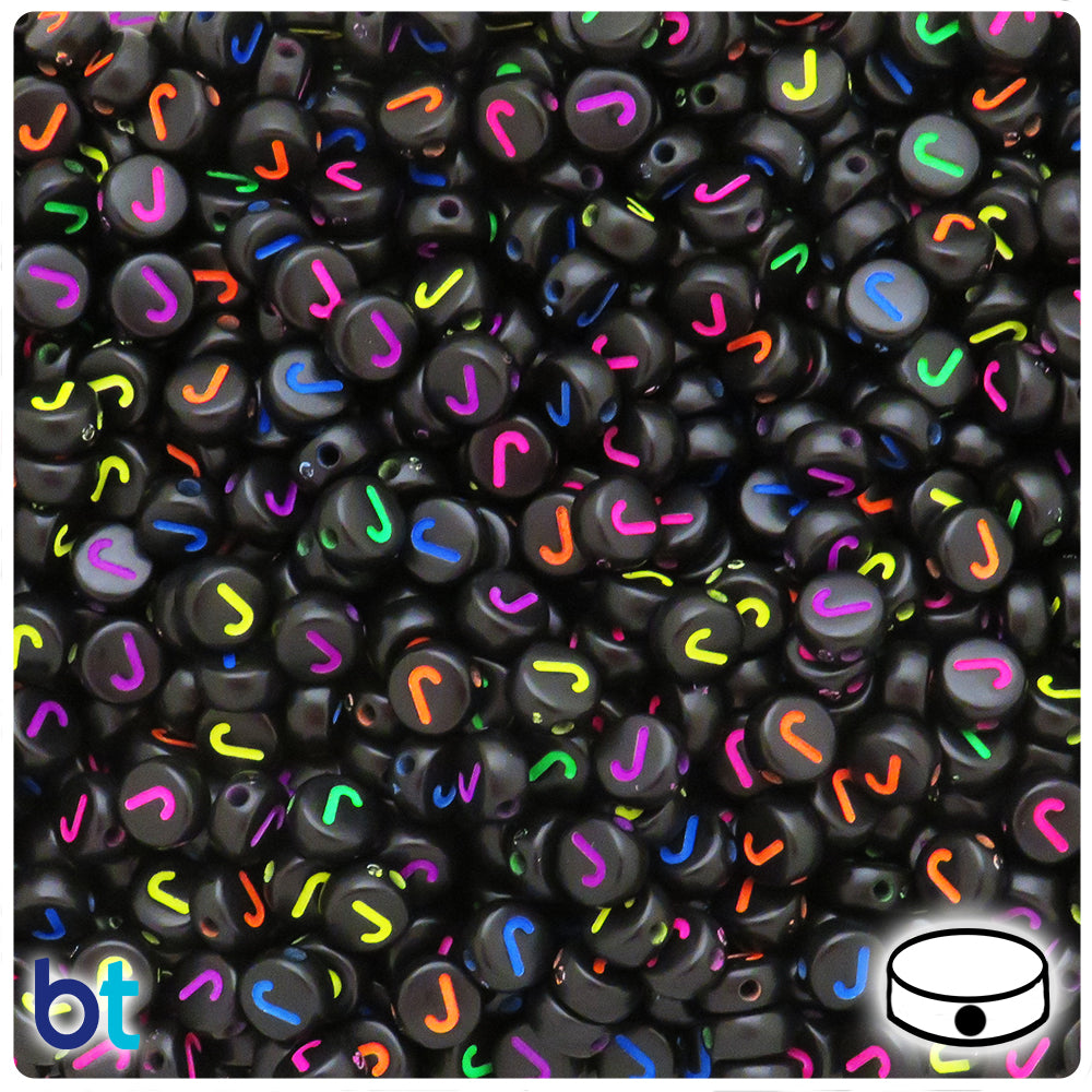 Black Opaque 7mm Coin Alpha Beads - Colored Letter J (100pcs)