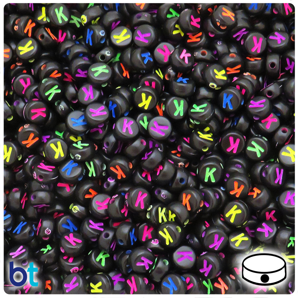 Black Opaque 7mm Coin Alpha Beads - Colored Letter K (100pcs)