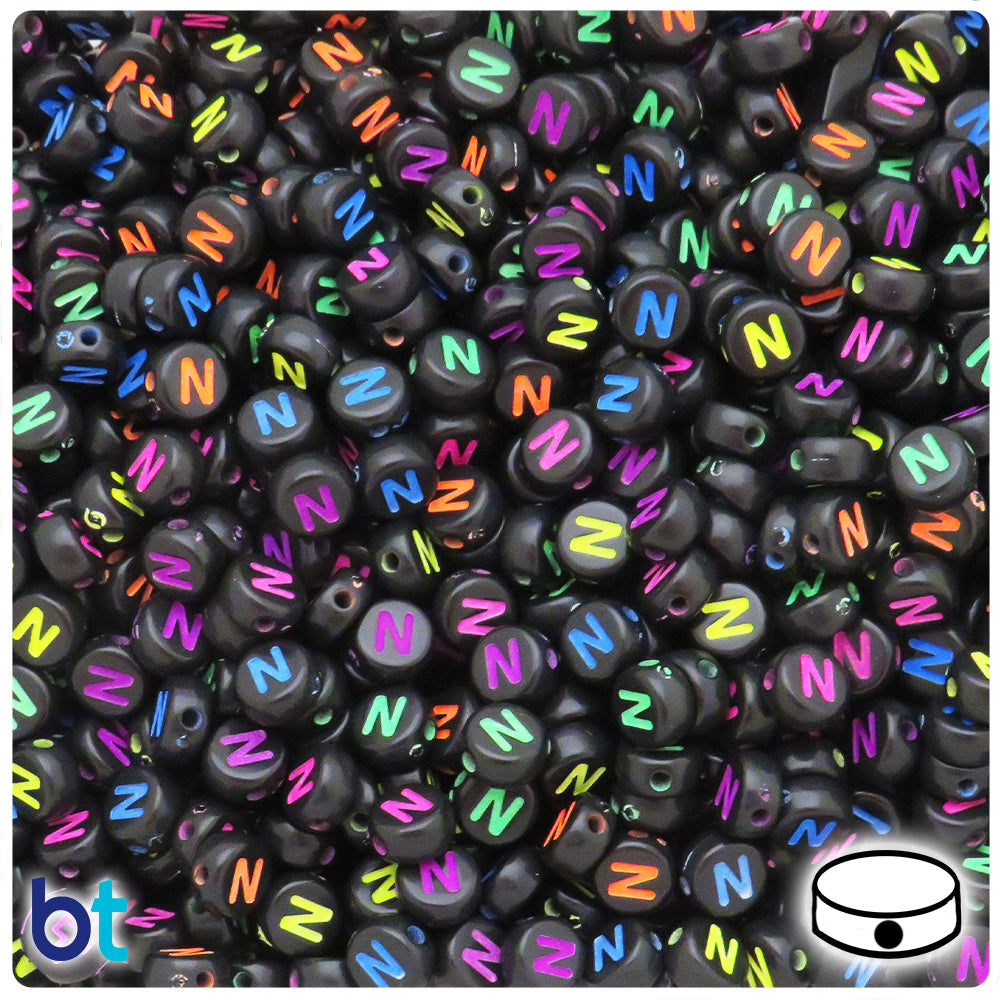 Black Opaque 7mm Coin Alpha Beads - Colored Letter N (100pcs)