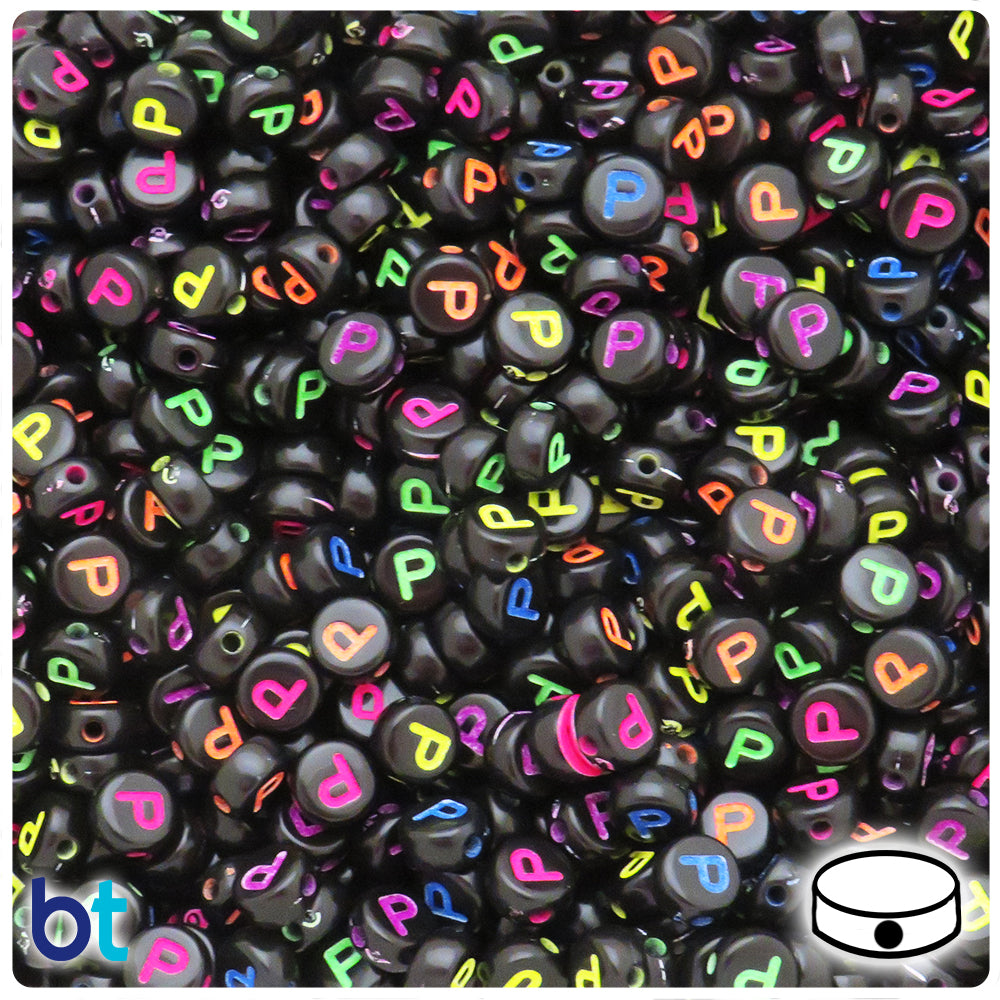 Black Opaque 7mm Coin Alpha Beads - Colored Letter P (100pcs)